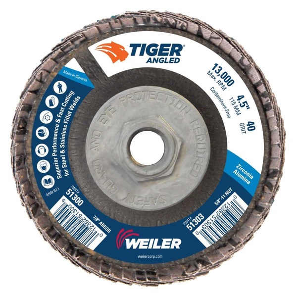 Weiler 4-1/2 Tiger Angled (Radial) Zirc Flap Disc 40Z 5/8-11 Nut 51303